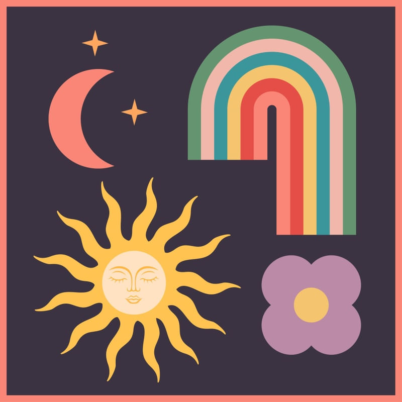 MINIMAL GEOMETRIC ABSTRACTION RAINBOW, FLOWER, SUN AND MOON