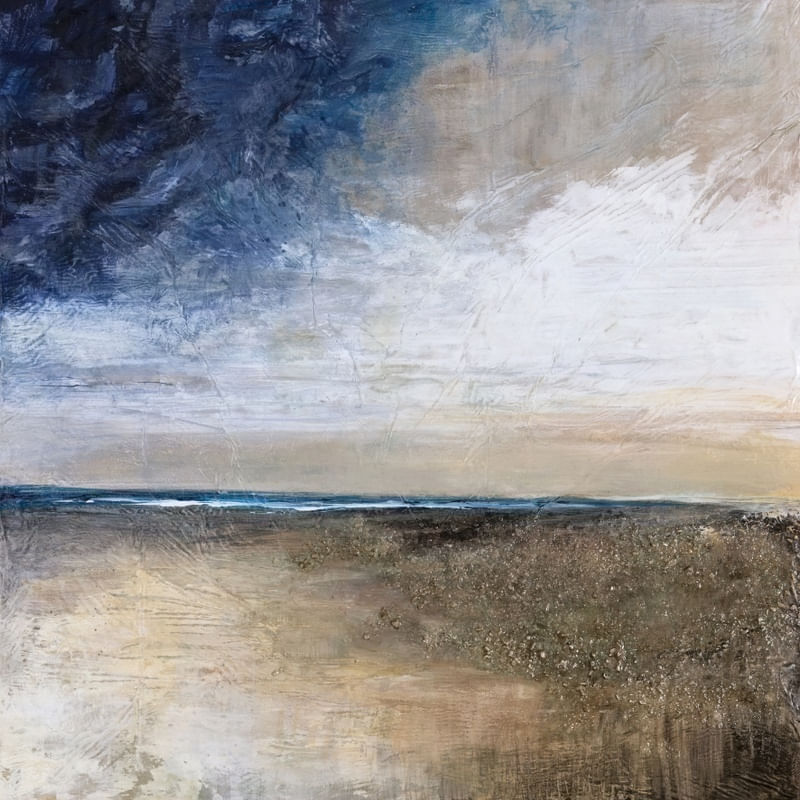 PAUSE 1, ELEGANTE ABSTRATO PAISAGEM COSTEIRO DE PRAIA NUVENS NATUREZA PINTURA