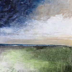 PAUSE 3, ELEGANTE ABSTRATO PAISAGEM COSTEIRO DE PRAIA NUVENS NATUREZA PINTURA