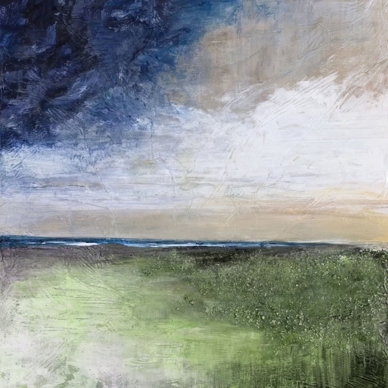 PAUSE 3, ELEGANTE ABSTRATO PAISAGEM COSTEIRO DE PRAIA NUVENS NATUREZA PINTURA