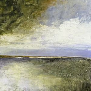 PAUSE 4, ELEGANTE ABSTRATO PAISAGEM COSTEIRO DE PRAIA NUVENS NATUREZA PINTURA