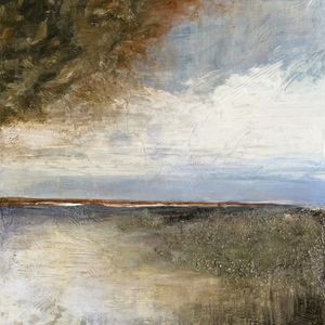 PAUSE 5, ELEGANTE ABSTRATO PAISAGEM COSTEIRO DE PRAIA NUVENS NATUREZA PINTURA