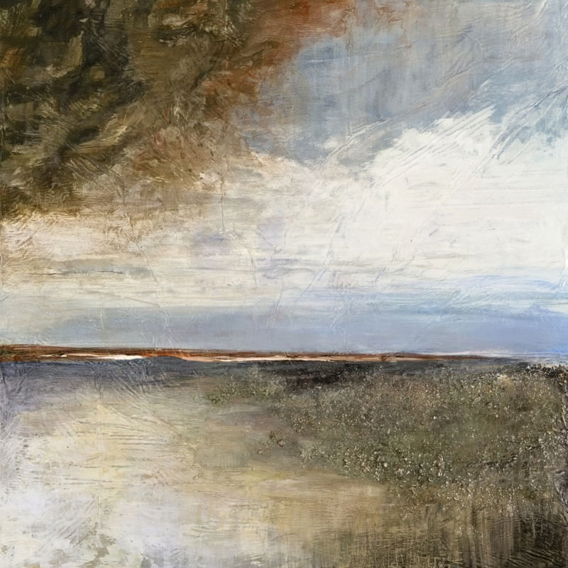 PAUSE 5, ELEGANTE ABSTRATO PAISAGEM COSTEIRO DE PRAIA NUVENS NATUREZA PINTURA