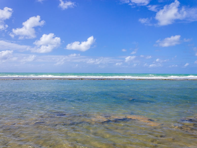 PRAIA CALMA COM CORAIS E ONDAS AO FUNDO EM PORTO DE GALINHAS