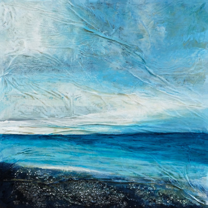COOL WATERS 1 DIPTYCH, TURQUESA AZUL OCEANO QUADRADO PAISAGEM DE PRAIA NUVENS PANORAMA PINTURA