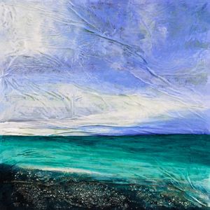 COOL WATERS 1 DIPTYCH, CERCETA LAVANDA OCEANO QUADRADO PAISAGEM DE PRAIA NUVENS PANORAMA PINTURA