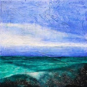 COOL WATERS 2 DIPTYCH, CERCETA LAVANDA OCEANO QUADRADO PAISAGEM DE PRAIA NUVENS PANORAMA PINTURA