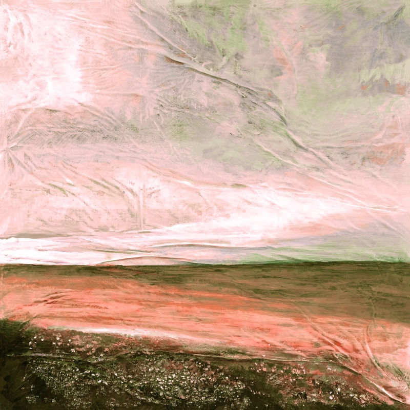 COOL WATERS 1 DIPTYCH, PESSEGO ROSA VERDE OCEANO QUADRADO PAISAGEM DE PRAIA NUVENS PANORAMA PINTURA