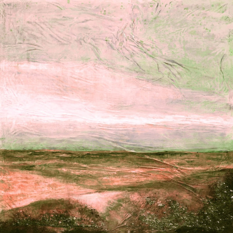COOL WATERS 2 DIPTYCH, PESSEGO ROSA VERDE OCEANO QUADRADO PAISAGEM DE PRAIA NUVENS PANORAMA PINTURA