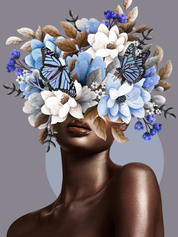 MULHER COM FLORES CELESTE