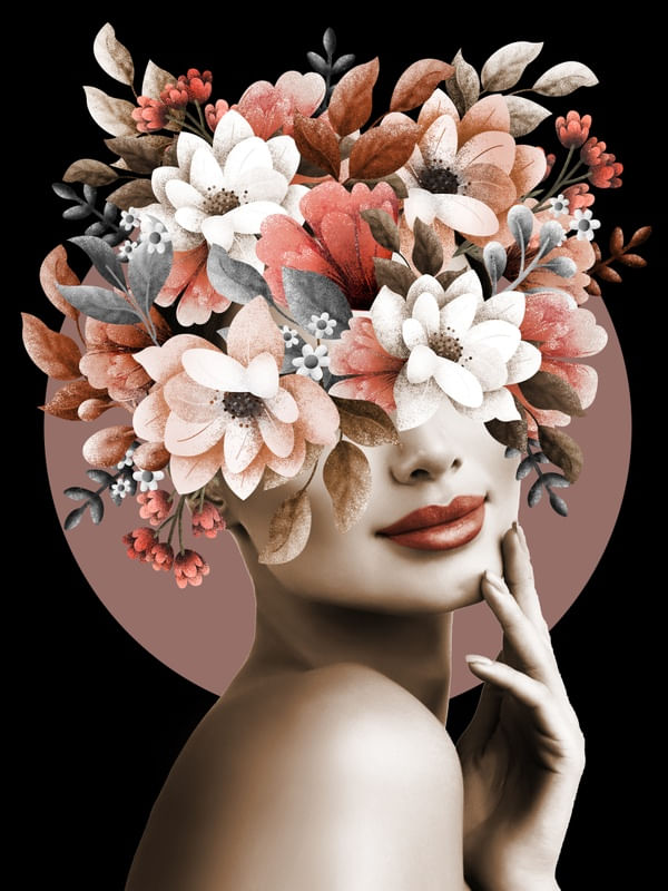 MULHER COM FLORES CHAMPAGNE